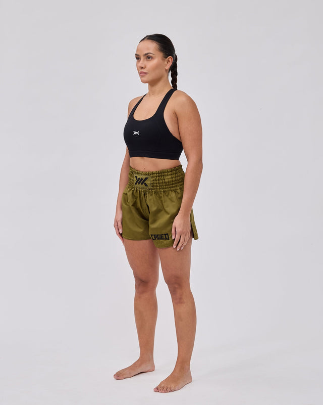 Caged Muay Thai Shorts Classic - Khaki Grün/Schwarz vrouw