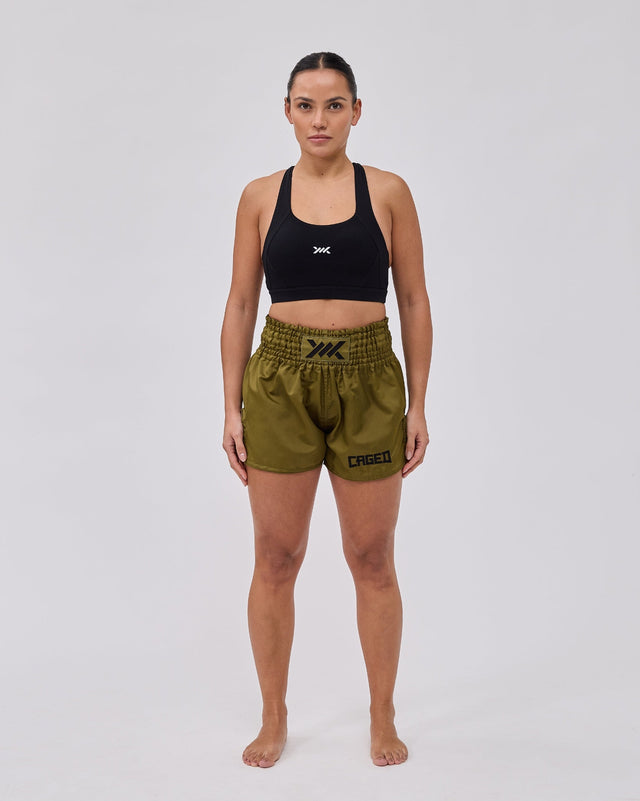 Caged Muay Thai Shorts Classic - Khaki Grün/Schwarz vrouw
